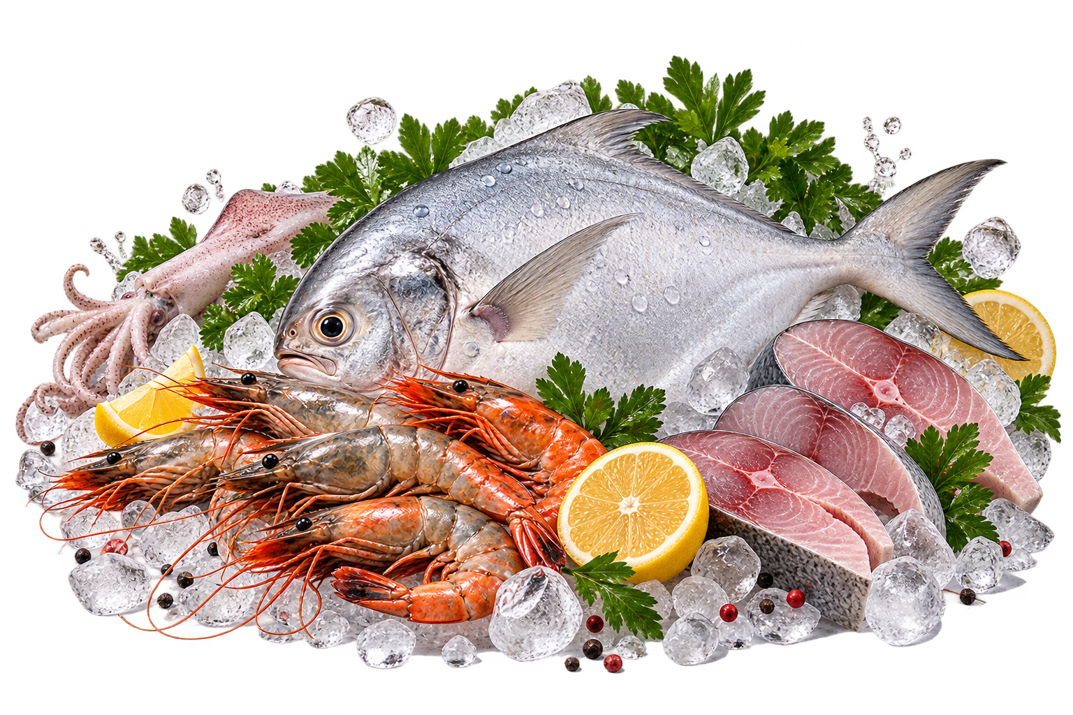 Fresh seafood including fish and prawns
